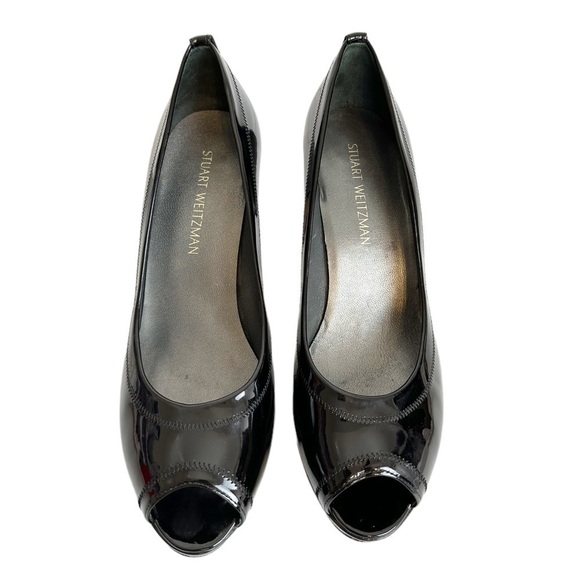 Stuart Weitzman Black Perforated Peep Toe Patent Leather Heel Pumps - Picture 1 of 12